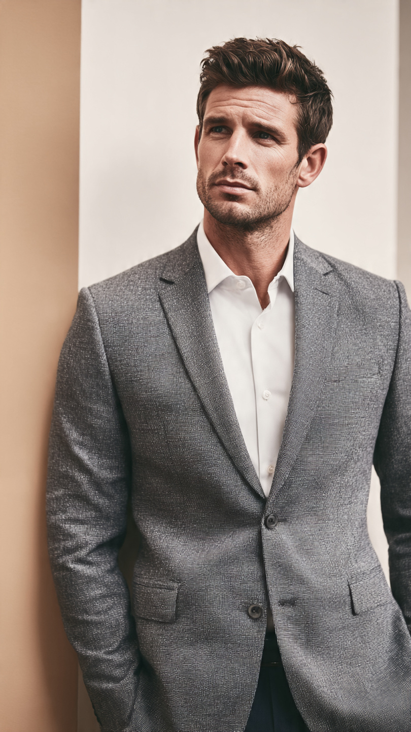 Grey Textured Two Button Jacket